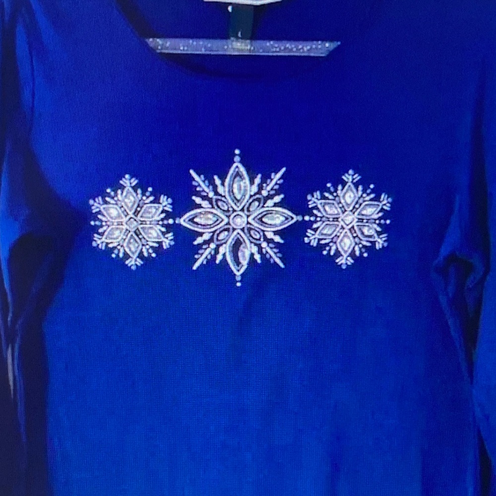 Karen Scott Royal Blue Long Sleeve Top with Jeweled Snowflake Design